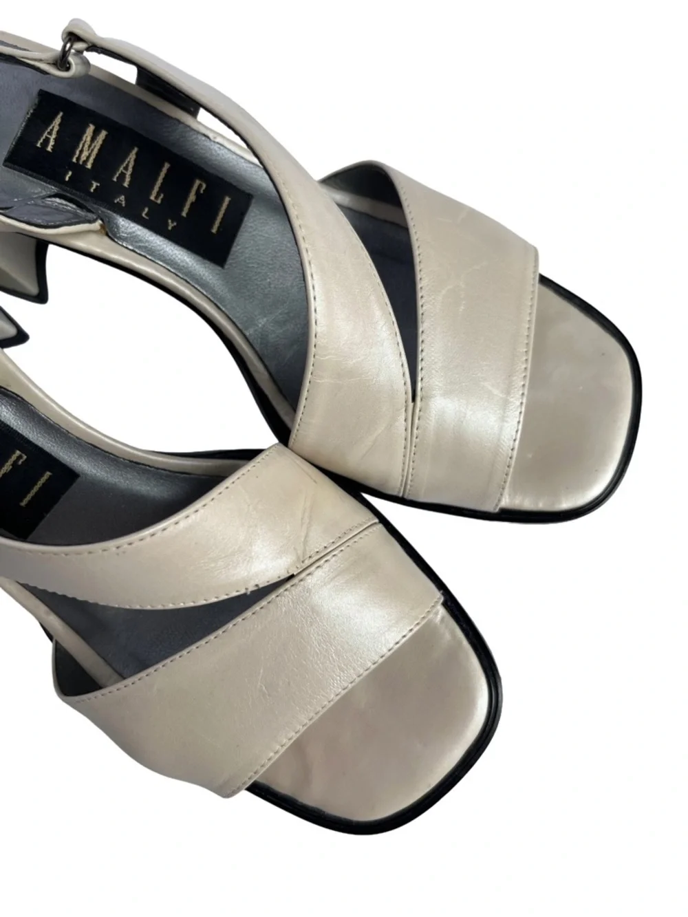 Vintage Y2K Amalfi Italy Pearl Ivory Leather Heels 6.5 Square Toe Slingback - Picture 4 of 11